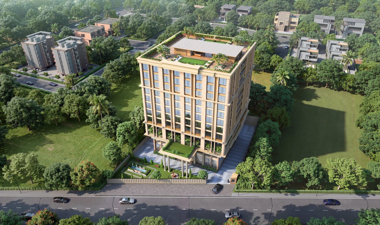 Aerial view of The Arkaa's full site and rooftop massing in daylight